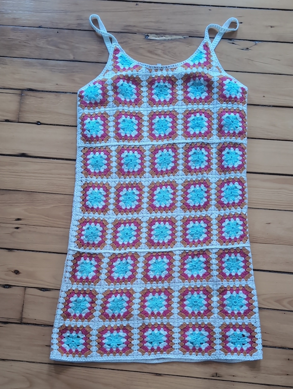 Willow & Wind Crochet Granny Square Slip Dress - Turquoise, Pink, White Sz M